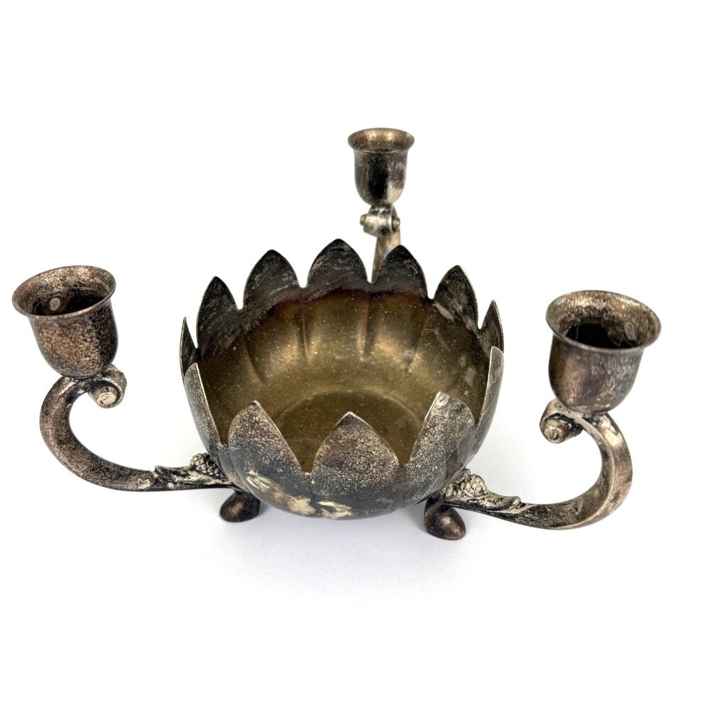 Vintage Candelabra Silver Plated Lotus Flower 3 Candle Holder Tarnish *No Frog*
